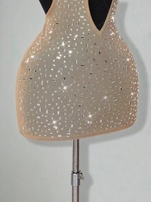 SHEIN ICON 女式杏色深 V 领水钻透视露背迷你连衣裙，性感派对和活动适用 - 杏色 - 查看 6