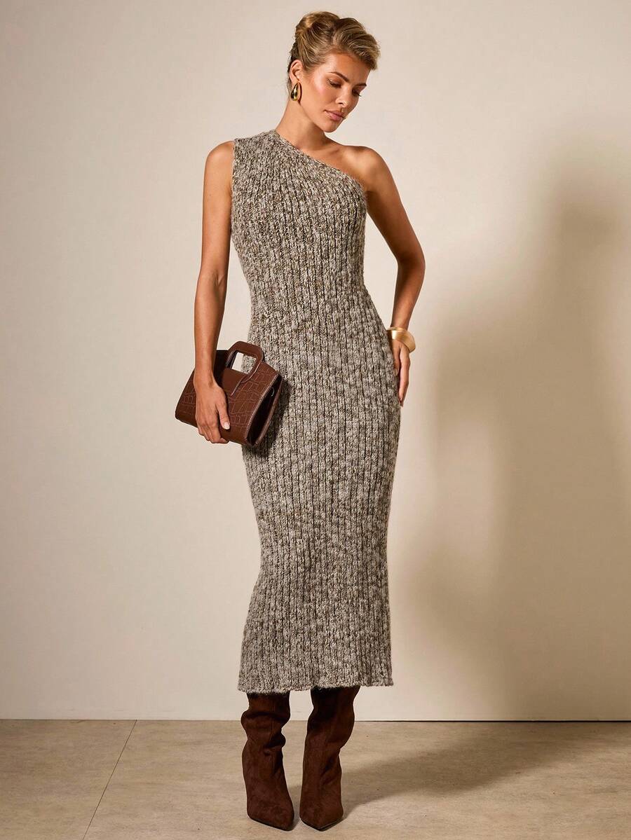 COSMINA Vestido de suéter de unicolor con cuello asimétrico ajustado para mujer en otoño/invierno - Multicolor - Ver 1