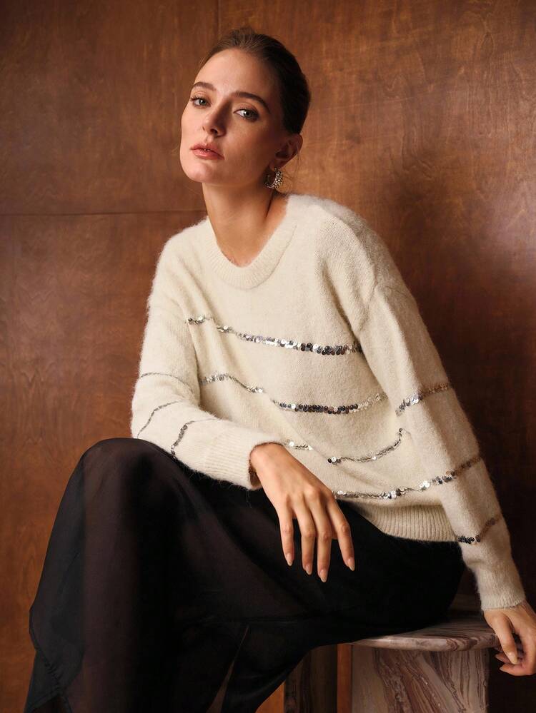 CONTRAST SEQUIN PULLOVER SWEATER