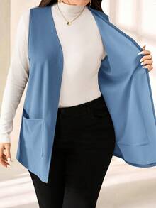 EMERY ROSE 大码纯色无袖宽松口袋简约休闲夹克，春夏，夏季服装，度假装女士/秋冬度假装 - 藍色 - 查看 6