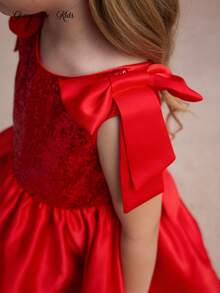 Glamorique Kids 万圣节服装女孩正式庆典生日派对礼服，无袖亮片肩蝴蝶结薄纱公主裙，特殊场合礼服 - 紅色 - 查看 6