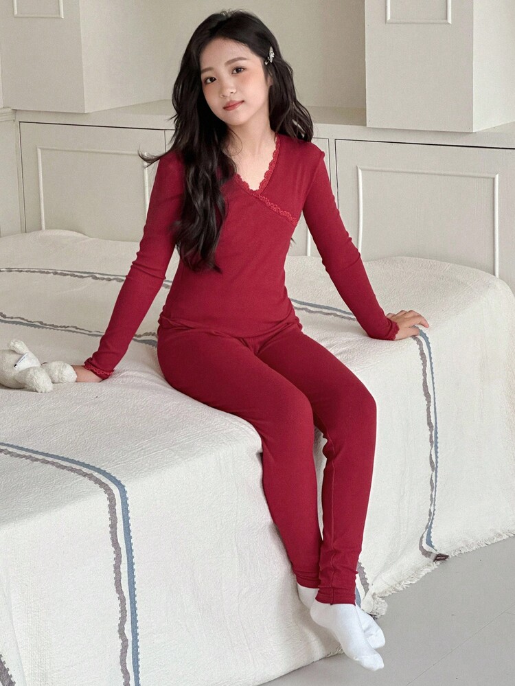 DAZY 青少年女孩纯色长袖上衣和裤子睡衣套装 - 紅色 - 查看 8