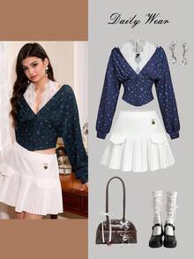 SHEIN MOD Women's Casual Ditsy Floral Cinched Waist Lace Trim Sweatshirt Sweatshirt In Fall/Winter - Navy Blue - View 1