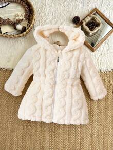 SHEIN Baby Girl Solid Zip Up Hooded Fuzzy Coat - Beige - View 7
