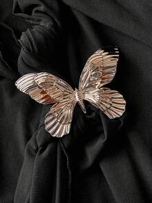 SHEIN MOD 女式不对称肩部喇叭袖黑色蝴蝶结金属扣鱼尾连衣裙 - 黑色 - 查看 3