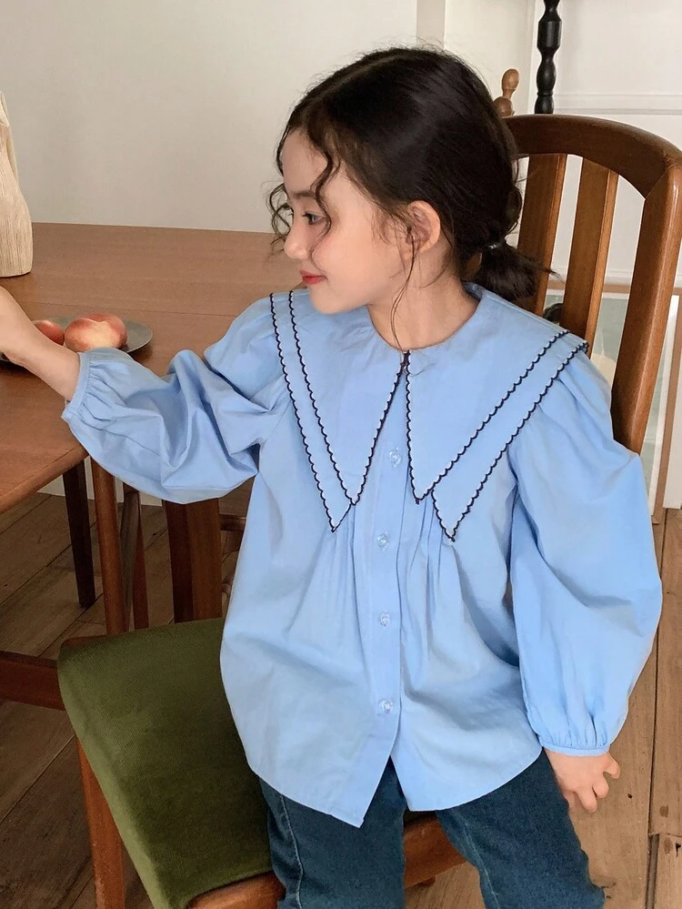 Young Girl Color Block Puff Sleeve Loose Fit Casual Shirt Blouses