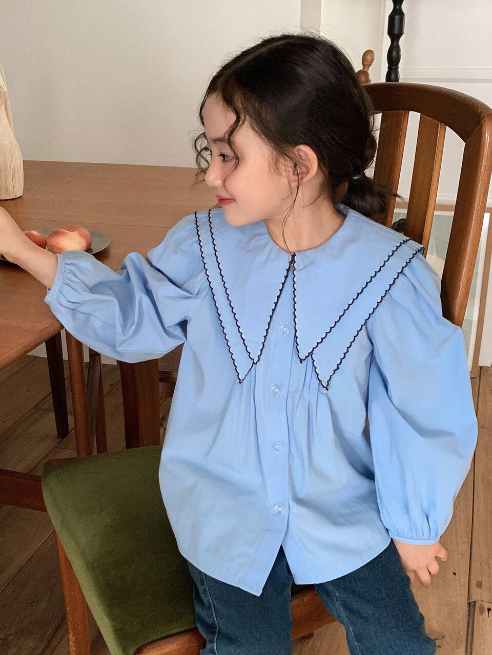 Young Girl Color Block Puff Sleeve Loose Fit Casual Shirt Blouses