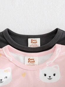 Cozy Pixies Baby Mädchen Kuschel-Fit Pyjama Set, Cartoon Hase & Katze Muster, weicher Strick Rundhals Langarm Top und Hose, Ganzjährig