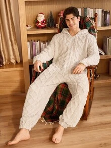 CoupledUp Bộ đồ liền thân vải nỉ Jacquard nhung trơn có mũ trùm đầu dành cho nam, đồ mặc nhà, thu đông, mềm mại, ấm áp - Màu be - Xem 3