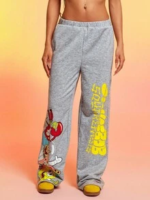 SpongeBob SquarePants | SHEIN 女士休闲日常通勤趣味可爱卡通字母图案松紧腰侧袋喇叭裤 - 灰色 - 查看 6
