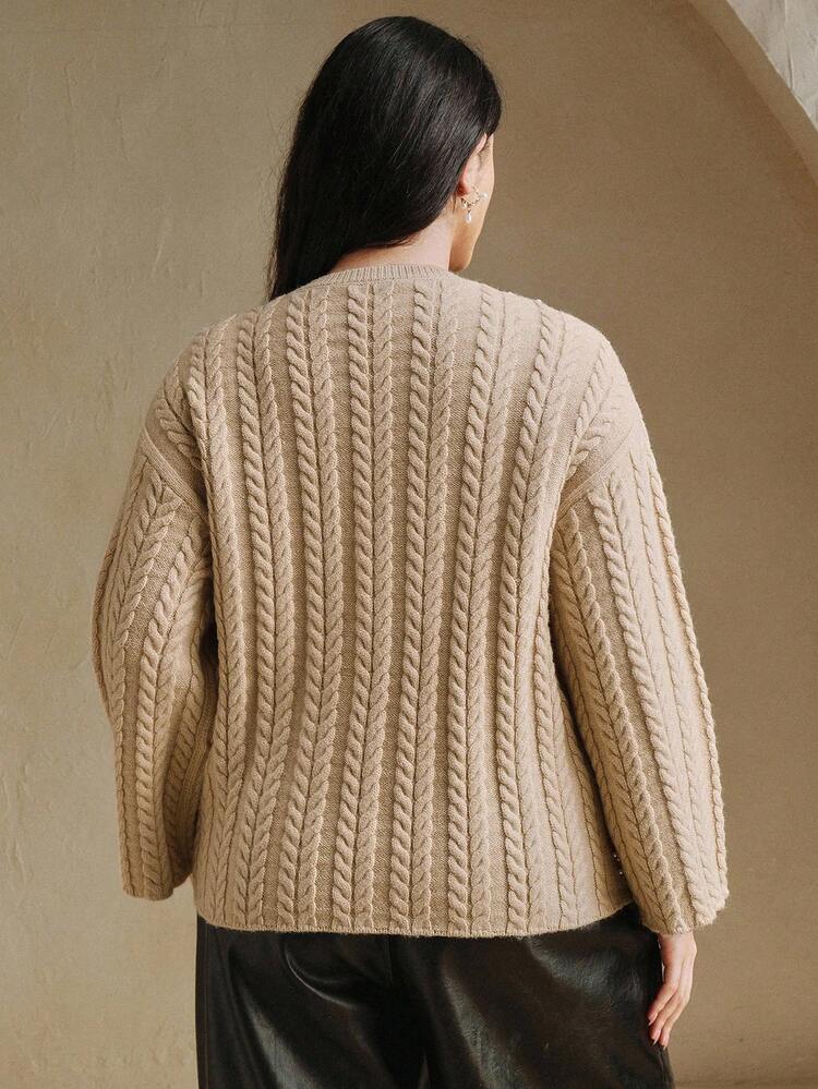 カーキ色 ラウンドネック ルーズ アシンメトリーヘム フレアスリーブ パール ニットセーター、カジュアル エレガント シック、秋、冬、新年向け