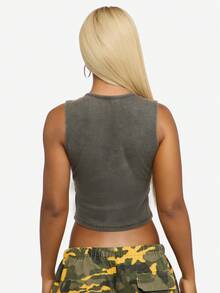 SUMWON WOMEN 棉质罗纹水洗背心，带孔眼细节索环，夏季节日休闲无袖 - 灰色 - 查看 7