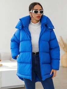 EURMUSE Zip Up Snap Button Hooded Puffer Coat - Blue - View 4