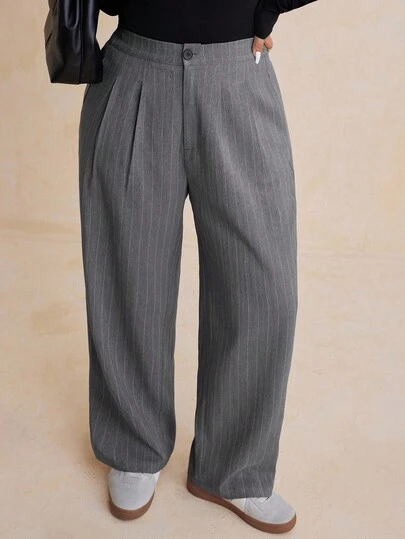 Dazy Plus Pantalones casuales/de negocios rectos y holgados a rayas para mujer de talla grande, aptos para todas las estaciones, otoño