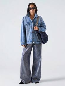 LYSMO 2025 秋冬新款极简主义女式时尚水钻星星牛仔外套，秋冬圣诞节/新年/感恩节时尚牛仔外套 Y2K - 淺色水洗藍 - 查看 3