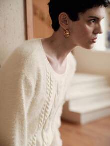 Uhlyne Vintage French Chic Versatile Casual Loose Apricot Crew Neck Faux Fur Texture Twist Rope Knit Sweater, Suitable For Autumn/Winter, Back To School, Party, Earth Tone For Women - Apricot - View 1