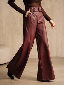 Anewsta 女士高腰阔腿 PU 皮裤，酒红色，商务休闲新款，适合万圣节、秋冬 - 酒紅色 - 查看 7