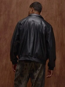 Musero 男式裂纹 PU 卡车司机翻盖口袋拉链皮夹克秋冬装