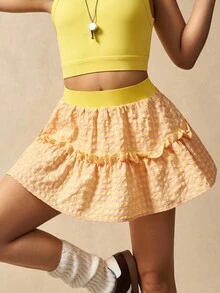 VARSITIE Summer Casual Plaid Contrast Waistband Sports Yellow Skirt Shorts
