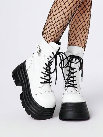 Grunge Punk Botas de media caña con plataforma multicapa, puntera redonda, remaches de PU, estilo punk, aptas para uso diario, calle, punk y campus