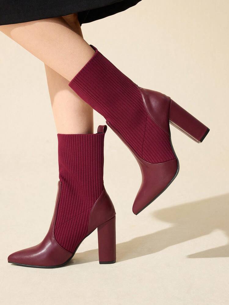 CUCCOO BASICS Women's Fashion Fabric Elastic Pointed Toe Chunky Heel Mid-Calf Boots, Suitable For Commuting, Dating, Party, Holiday For Christmas