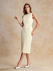 House of One Pleats Solid Woven Midi Dress With Metal Buckle Women Summer Autumn Elegant Casual Dress