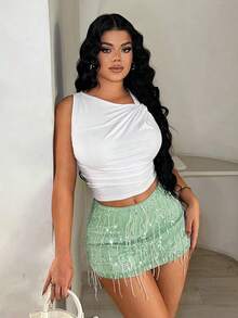 SHEIN SXY 女士时尚流苏亮片迷你裙 - 綠色 - 查看 5