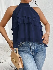 Firerie Neck Tie Loose Ruffled Asymmetrical Chiffon Blouse - Navy Blue - View 3