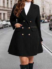 SHEIN Clasi Plus Size Elegant Vintage Lapel Waist Flared Dress Coat With Zipper Pockets, Elegant Black Double-Breasted Coat With Metal Buttons And Zipper Pockets, Waist-Cinched Jacket Dress, Chic Black Overcoat And Trench Style Jacket, Versatile Outerwear For Daily Wear, Office, Travel, Date Nights, And Party Looks, Must-Have Fall Winter Fashion, Anti-Theft Pocket Black Jacket Autumn - Black - View 3