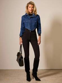 COSMINA Women's Casual Stand Collar Cropped Denim Jacket, Autumn Jean Jacket For Women - Dark Wash - View 3