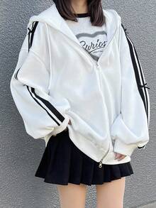 FRIFUL 女式白色宽松连帽衫，带蝴蝶结，春季夹克，拉链，秋冬 - 白色 - 查看 1