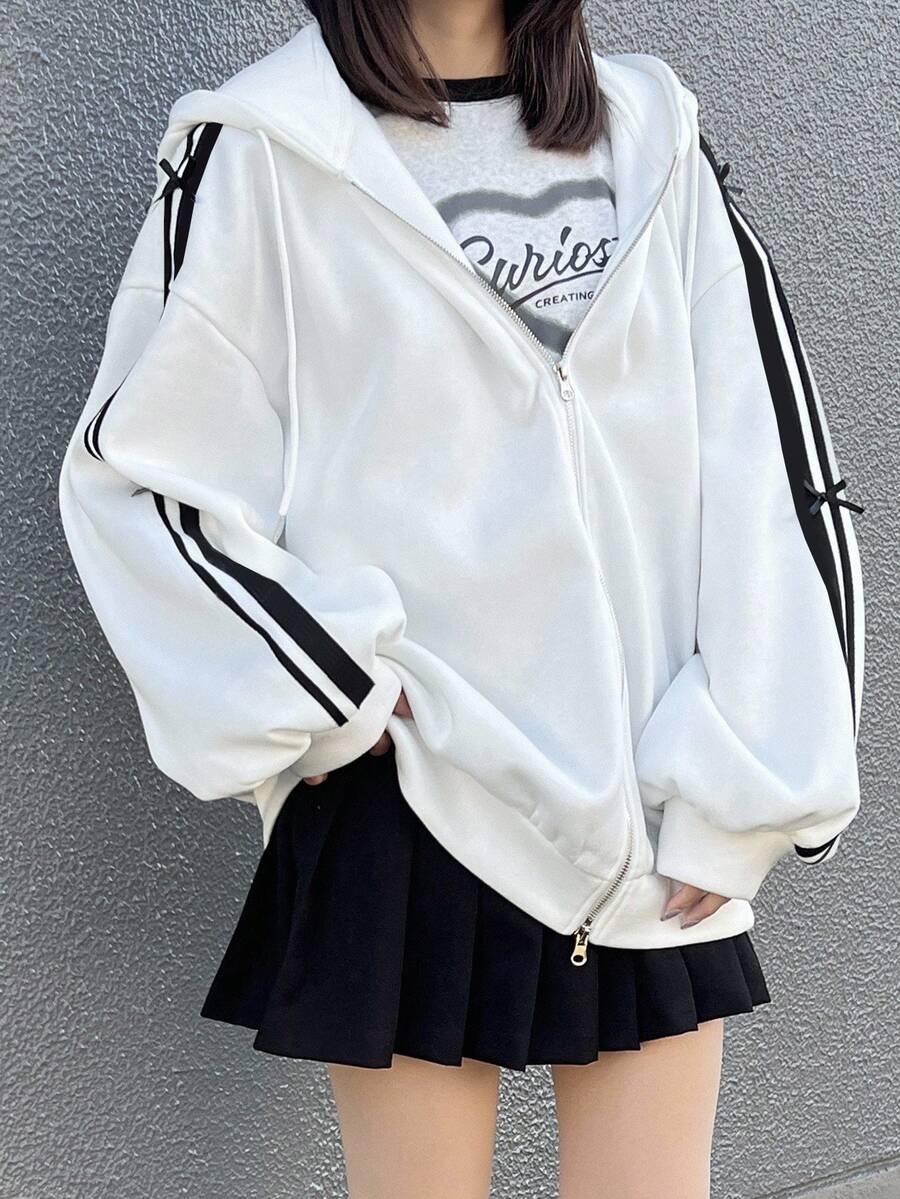 FRIFUL 女式白色宽松连帽衫，带蝴蝶结，春季夹克，拉链，秋冬 - 白色 - 查看 1