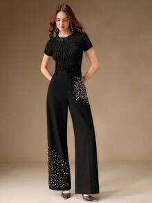 Anewsta 时尚女式串珠口袋宽腿宽松裤 - 黑色 - 查看 7