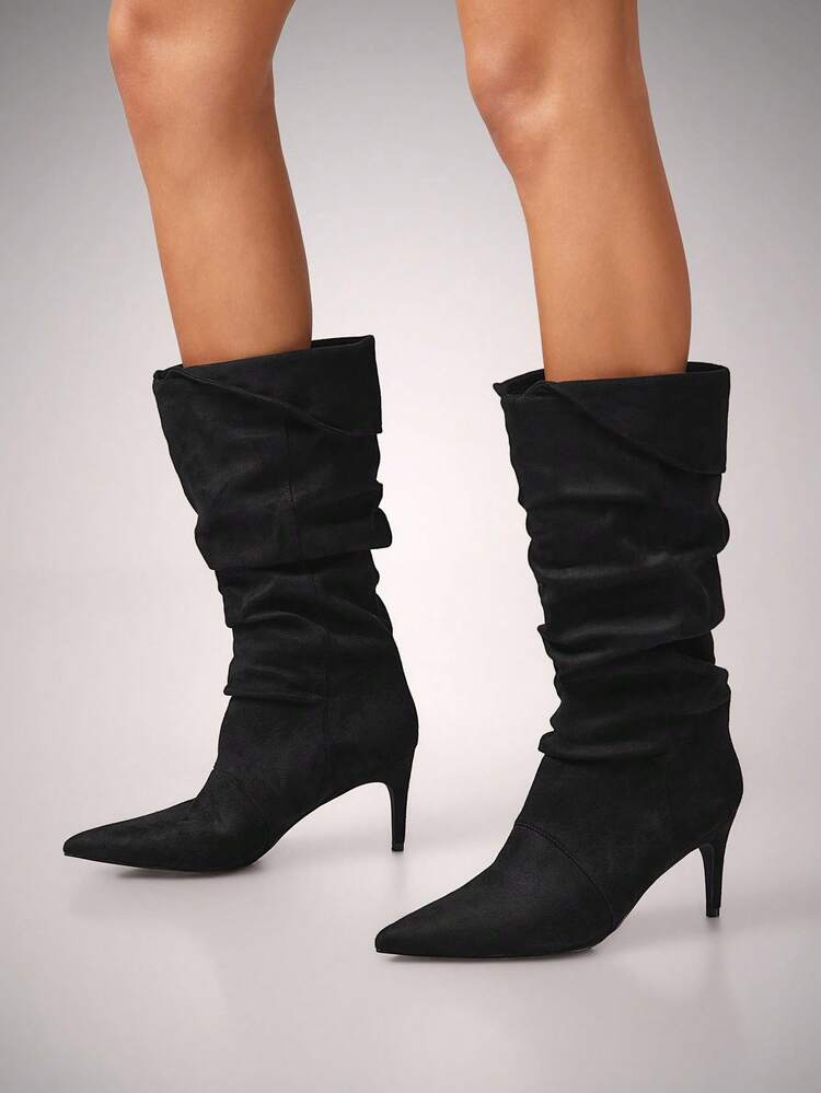 SHUZIA Women's Glamorous Sexy Pointy Toe Kitten Heel Faux Suede Slouchy Boots - Black - View 5