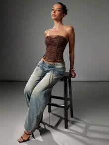 Hauture 女士摩卡棕色交叉系带性感外出紧身胸衣 - 咖啡棕 - 查看 5