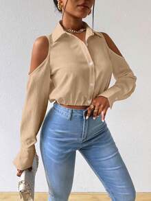 Zolique Solid Textured Button Front Cold-Shoulder Collar Blouse Women Shirt - Khaki - View 6