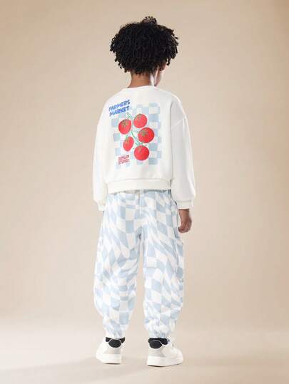 SUMWON Kids White Farmers Market Graphic Sweatshirt And Blue Checkerboard Print Pants Set For Winter Casual Everyday Wear Fall Season