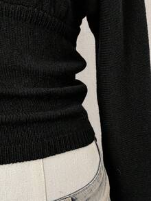 EgrlEra 女士纯色性感前卫V领休闲长袖毛衣，秋冬 - 黑色 - 查看 5