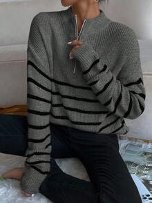 EMERY ROSE Women's Casual Loose Fit Dropped Shoulder Striped Pullover Sweater - Dark Grey - View 3