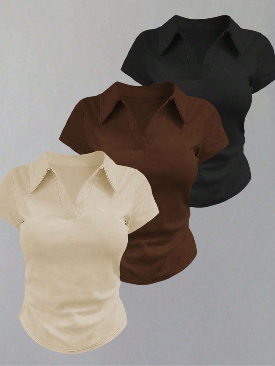 SHEIN 3 buah Kaos Polo Kasual Warna Polos Model Slim Fit, Cocok untuk Pemakaian Sehari-hari - Hitam - View 1