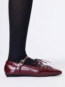 ROMWE Giày Mary Jane mũi kín dành cho nữ, phong cách Punk Goth Rock, mũi nhọn, quai chéo gợi cảm, giày bệt công sở trang trọng, Halloween - Màu Đỏ Sâu - Xem 4