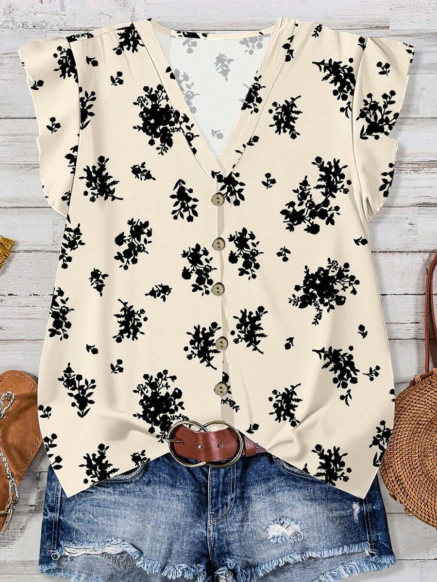 EMERY ROSE 女士卡其色花卉印花休闲衬衫，适合夏季 - 彩色 - 查看 1