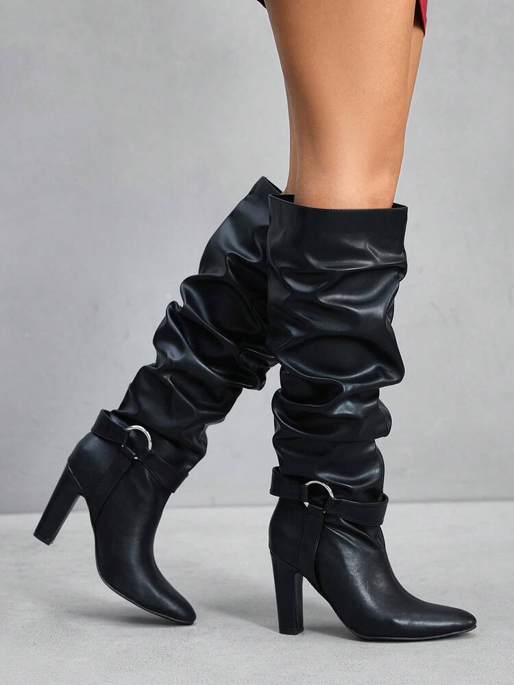 CUCCOO SZL Women's Fashion Black Chunky Heel Pleated Over-The-Knee Boots