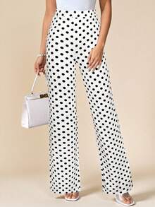 Amorya Women's Vintage Polka Dot Black & White Print Knit Elastic Pants, Suitable For Daily, Commuting And Multi-Occasion Wear, Autumn