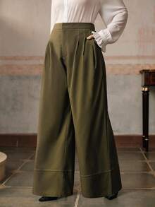 Anewsta 大码女式绿色宽松休闲阔腿裤，秋季 - 綠色 - 查看 3