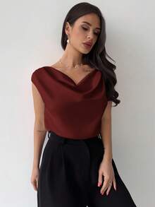 Firerie Bộ đồ liền thân bằng vải satin không tay cổ nhún bất đối xứng mới thanh lịch dành cho nữ, màu mơ, thiết kế tối giản, thích hợp cho các buổi hẹn hò, đi làm, mặc công sở, sang trọng - Màu Đỏ Sâu - Xem 5