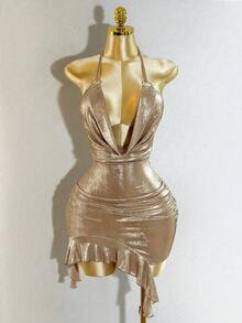 Mistrie Vestido mini dorado de cuello de capucha de mujer con Body de unicolor y metalizado