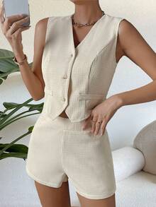 Chiquease Solid Button Front Vest Blazer & Shorts - Apricot - View 1