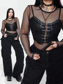SHEIN Whyspr 加大码性感深色哥特式透明渔网女式上衣