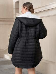 SHEIN Clasi Plus Size Women's Hooded Cinched Waist Thick Black Cotton Coat,Winter,Casual,Elegant,Hiking,Black And White,Autumn,,Work Wear,Office Attire - Black - View 2